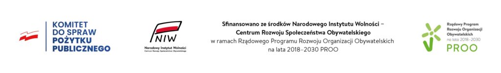 Komitet do spraw Pożytku Publicznego, Narodowy Instytut Wolności i PROO. Sfinansowano ze środków Narodowego Instytutu Wolności – Centrum Rozwoju Społeczeństwa Obywatelskiego w ramach Rządowego Programu Rozwoju Organizacji Obywatelskich na lata 2018–2030 PROO.
